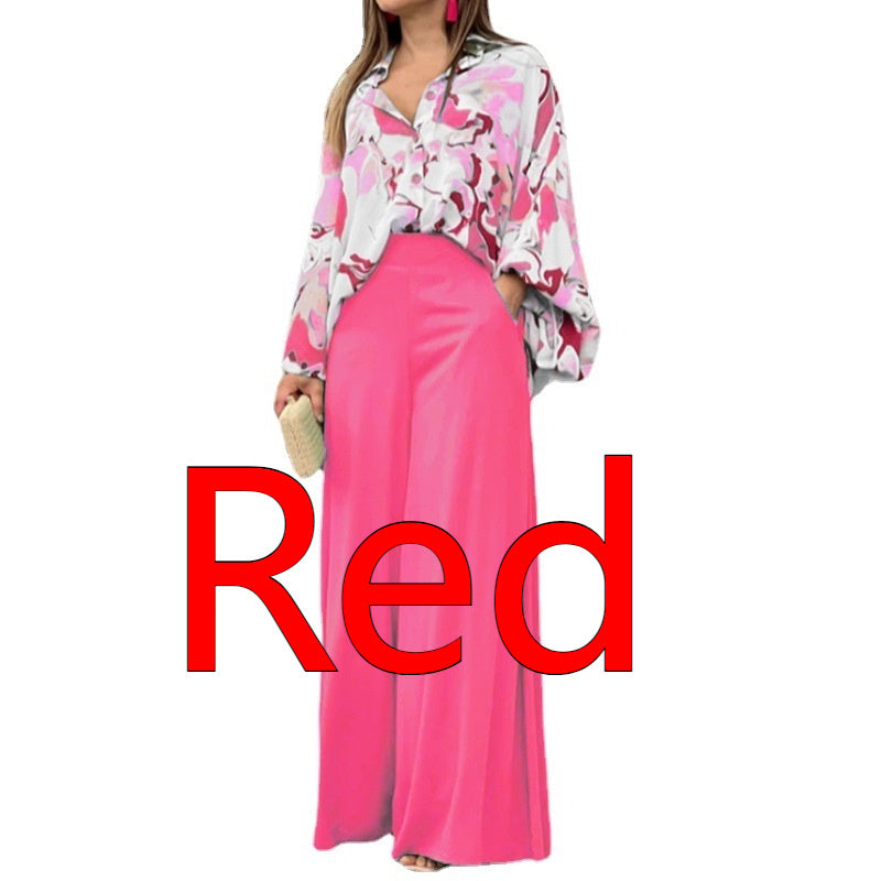 Flowers Print Suits Fashion Casual Button-up Long-sleeved Shirt And Wide-leg Pants Loose Beach Trousers Set