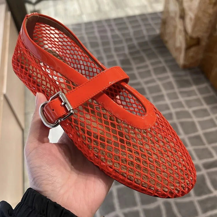 2025 New Mary Jane Flat oes Women's Summer Beautiful Hollow out Leather Woven Fiing Net Ballet Flat Bot oes
