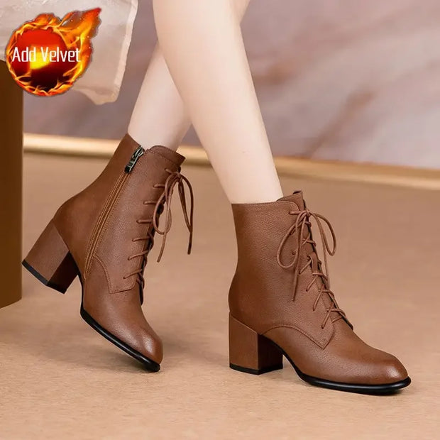 Leather Booties Brown Elegant With Medium Heels Female Short Shoes New Rock Spring 2025 Designer Luxury Sale Women's Ankle Boots