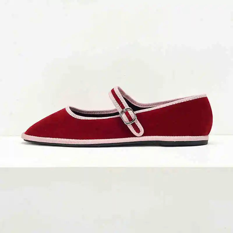 Flats Mary Jane Shoes Women 2024 Trend Velvet Casual Streetwear Ladies Shoes Canvas Buckle Strap Pointed Toe Loafers Elegant