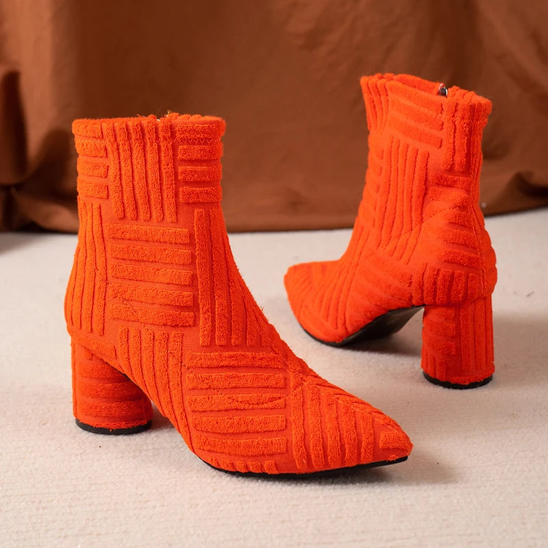 Women's Boots Autumn Ladies Ankle Boots Green Pointed Toe Roman Boots Denim Sexy Square Heel Side Zipper Boots
