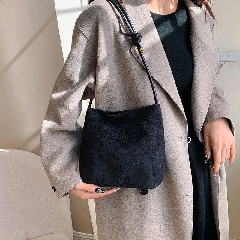 Suede Handbag Casual Rope Buckle Design Multicolor Shoulder Bag Adjustable Straps Tote Crossbody Bucket Bag