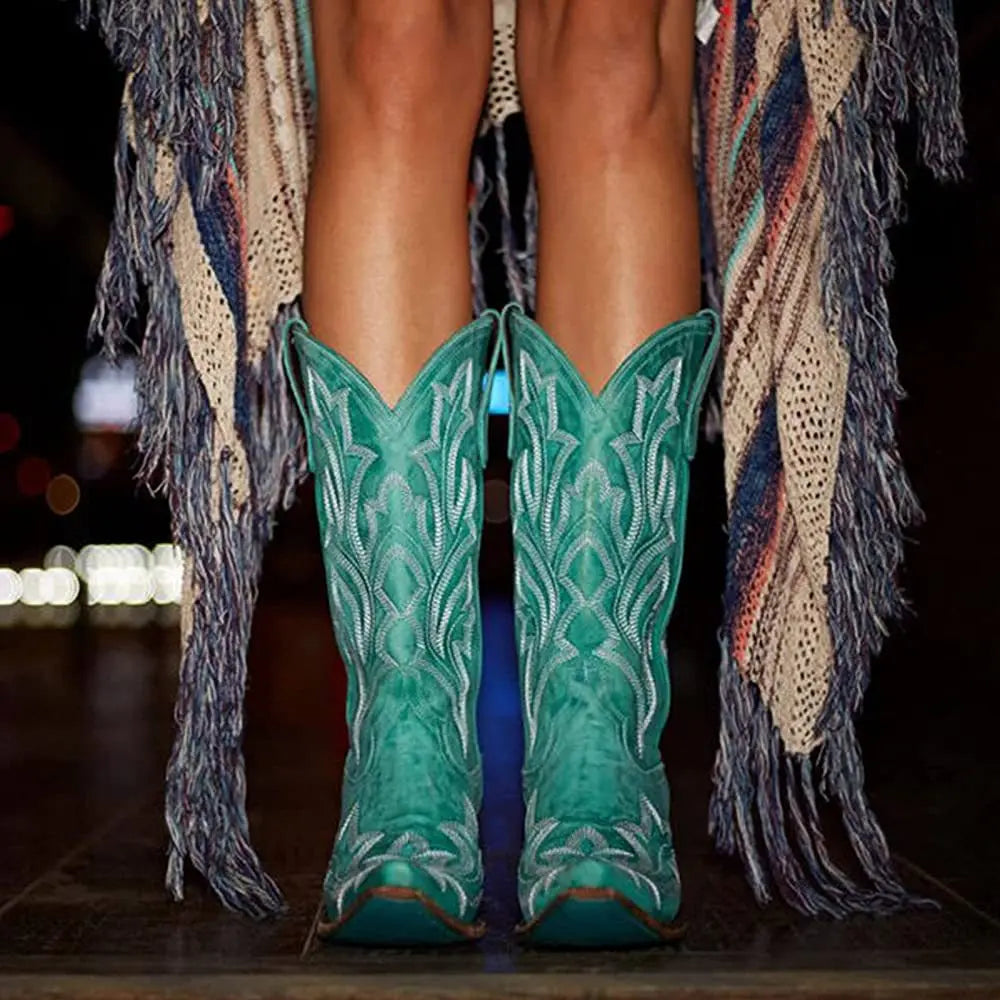 Embroidery Cowboy Boots For Women Knee High Med Calf Vintage Western Cowgirl Boots Women Heeled Casual Shoes Autumn Block Heel