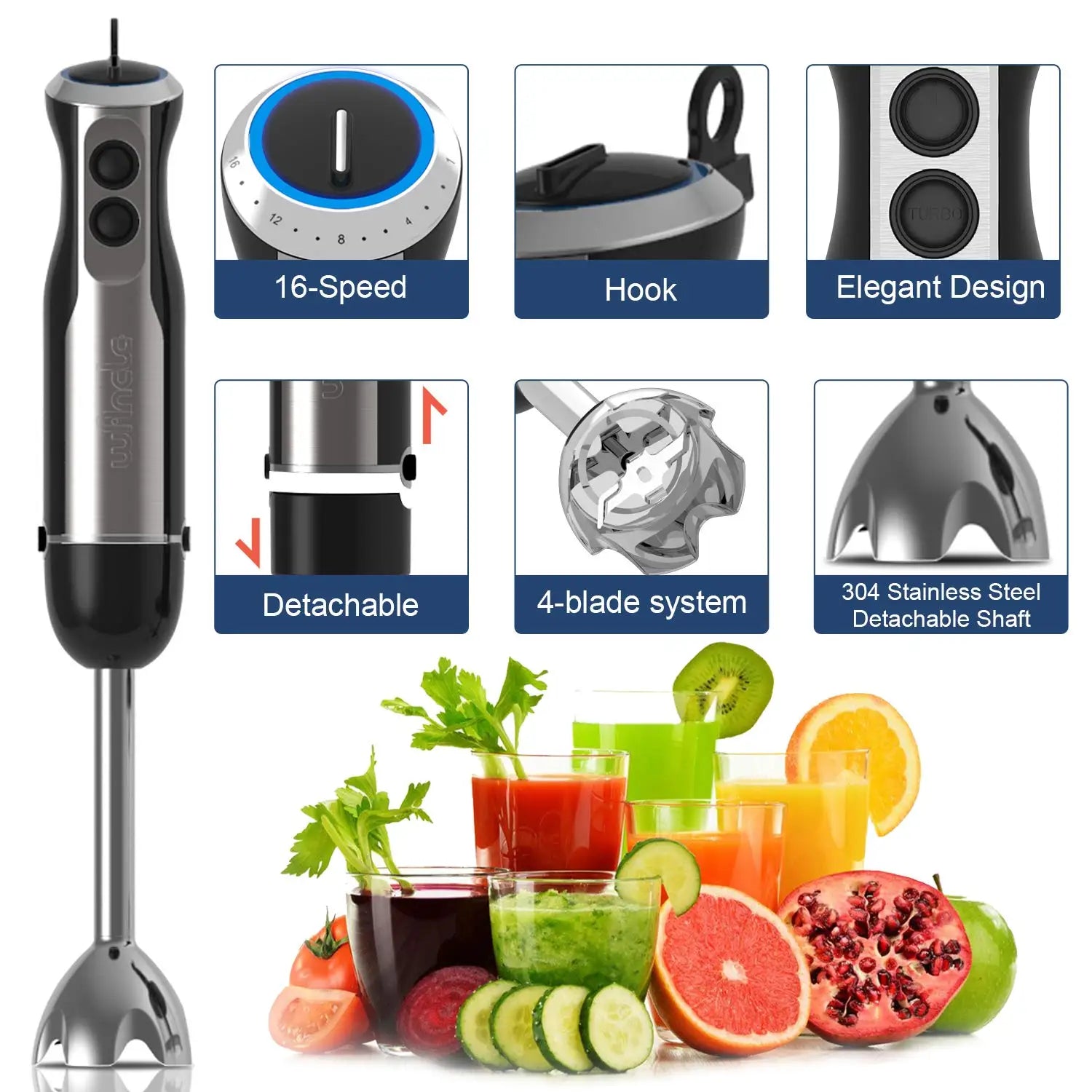 16-Speed Hand Blender by Wancle – Immersion Mixer for Smoothies, Sauces & More