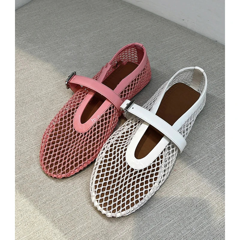2025 New Mary Jane Flat oes Women's Summer Beautiful Hollow out Leather Woven Fiing Net Ballet Flat Bot oes