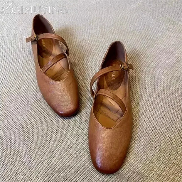 Flats Mary Jane Shoes Women Retro Sole Leather Ballet 2025 Spring stylish brown shoes with classic strap design.