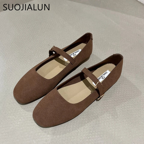 SUOJIALUN 2025 Spring New Brand Women Flat Shoes Round Toe Shallow Slip On Ladies Casual Ballet Shoes Soft Leather Eelgant Balle