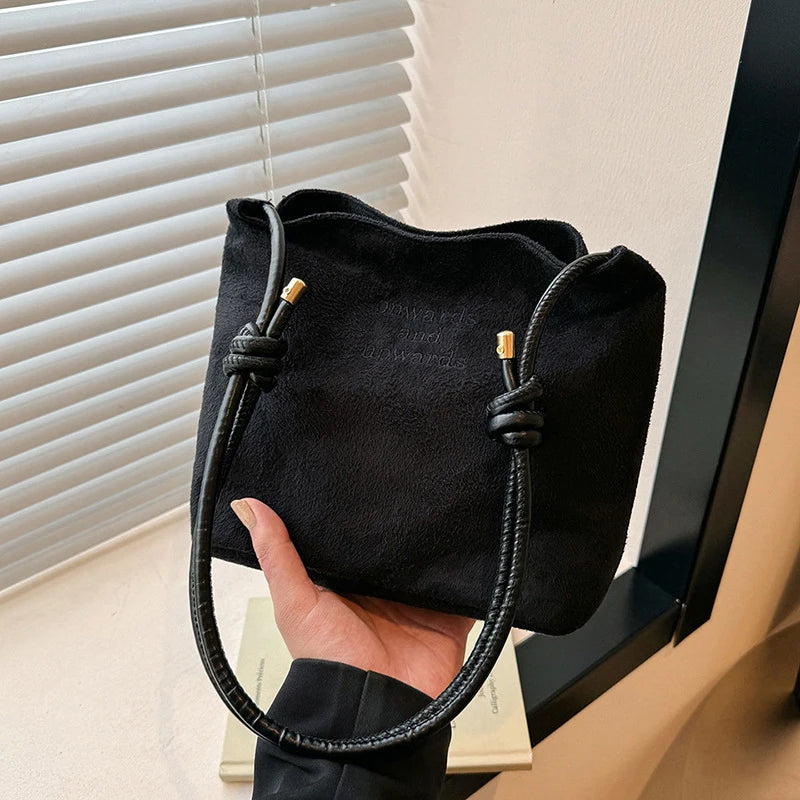 Suede Handbag Casual Rope Buckle Design Multicolor Shoulder Bag Adjustable Straps Tote Crossbody Bucket Bag