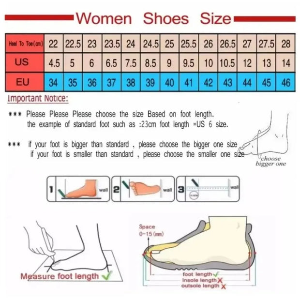 Women's shoe size chart with US and EU sizes, measuring foot length for proper fit.