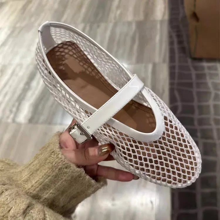 2025 New Mary Jane Flat oes Women's Summer Beautiful Hollow out Leather Woven Fiing Net Ballet Flat Bot oes