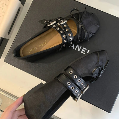 Lolita Dance Shoes For Women Ballet Flats Footwear Designer Female Butterfly-Knot Buckle Fashion Silk Ladies Round Toe Shoes