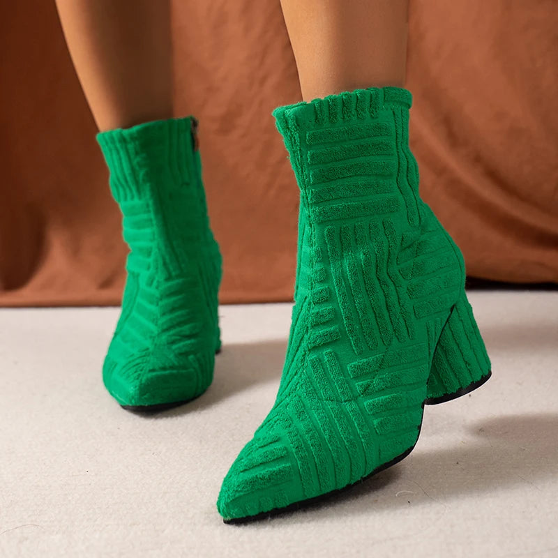 Women's Boots Autumn Ladies Ankle Boots Green Pointed Toe Roman Boots Denim Sexy Square Heel Side Zipper Boots