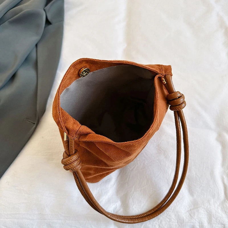 Suede Handbag Casual Rope Buckle Design Multicolor Shoulder Bag Adjustable Straps Tote Crossbody Bucket Bag