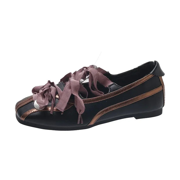 Mary Jane Ballet Flats in black and purple, round toe, low heel with lace-up design, featuring a silver metal charm.