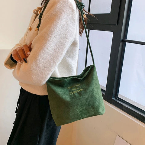 Suede Handbag Casual Rope Buckle Design Multicolor Shoulder Bag Adjustable Straps Tote Crossbody Bucket Bag