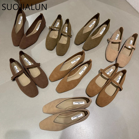 SUOJIALUN 2025 Spring New Brand Women Flat Shoes Round Toe Shallow Slip On Ladies Casual Ballet Shoes Soft Leather Eelgant Balle