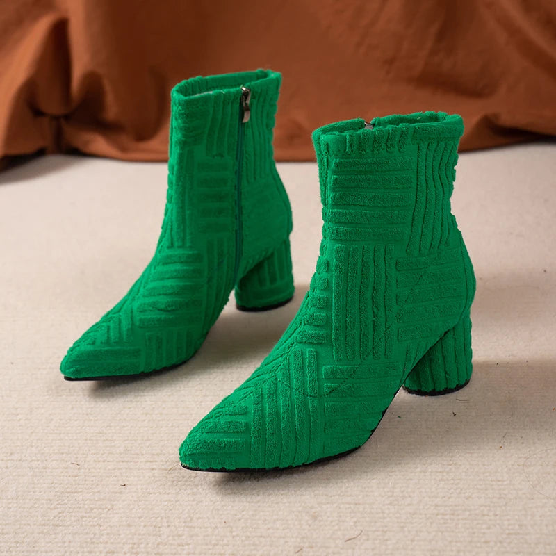 Women's Boots Autumn Ladies Ankle Boots Green Pointed Toe Roman Boots Denim Sexy Square Heel Side Zipper Boots