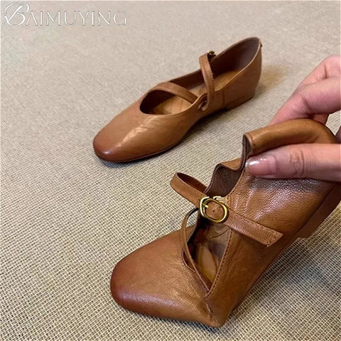 Flats Mary Jane Shoes Women Retro Sole Leather Ballet 2025 Spring brown leather Mary Jane flats with buckle detail.