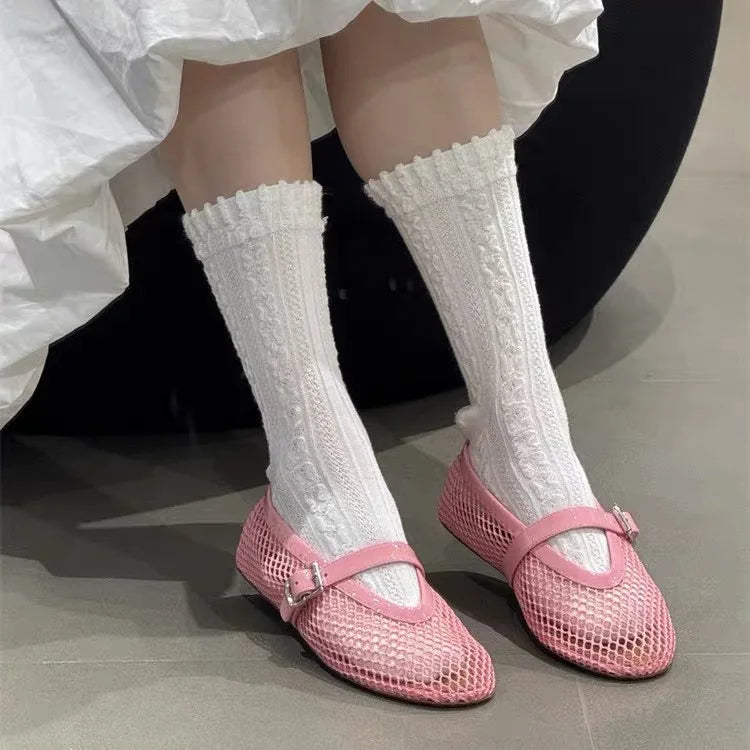 2025 New Mary Jane Flat oes Women's Summer Beautiful Hollow out Leather Woven Fiing Net Ballet Flat Bot oes