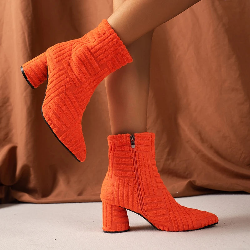 Women's Boots Autumn Ladies Ankle Boots Green Pointed Toe Roman Boots Denim Sexy Square Heel Side Zipper Boots