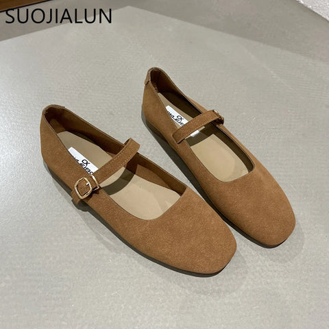 SUOJIALUN 2025 Spring New Brand Women Flat Shoes Round Toe Shallow Slip On Ladies Casual Ballet Shoes Soft Leather Eelgant Balle