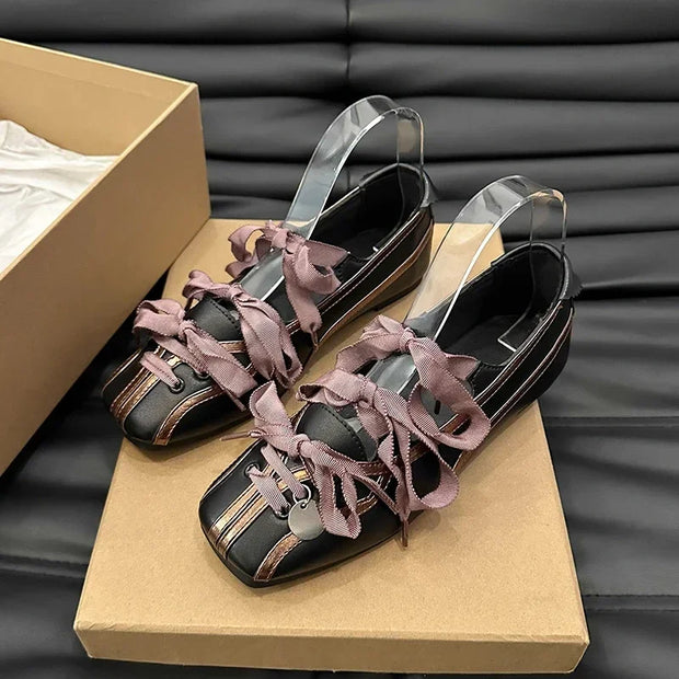 Mary Jane Ballet Flats Round Toe Low Heel Black Purple Lace-up displayed in box on stylish background.