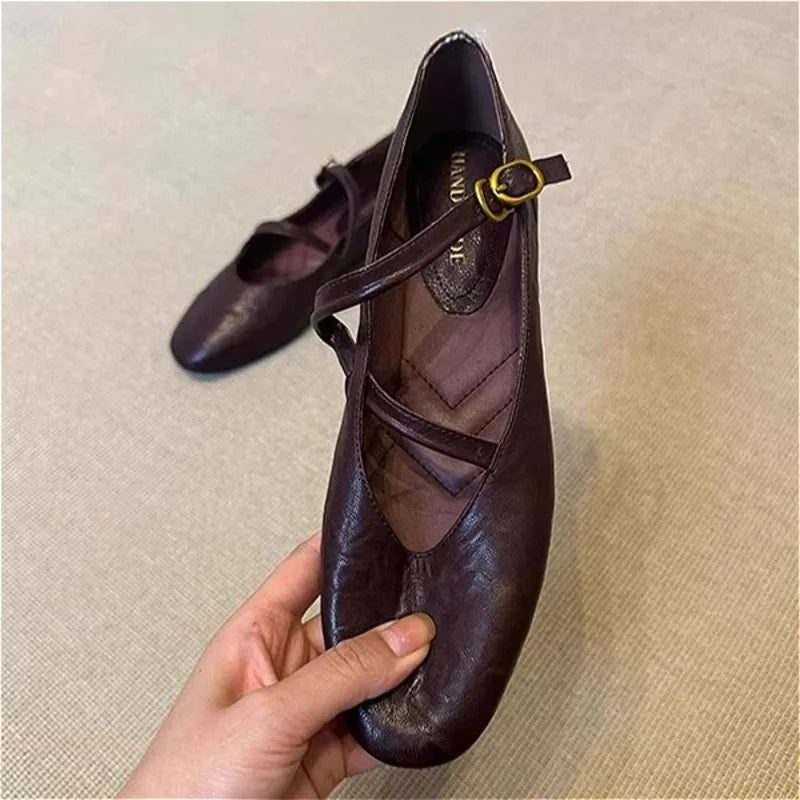 Flats Mary Jane Shoes Women Retro Sole Leather Ballet 2025 Spring Trend Dress Elegant Shoes Casual Shallow Comfort Zapatos Mujer