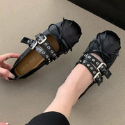 Lolita Dance Shoes For Women Ballet Flats Footwear Designer Female Butterfly-Knot Buckle Fashion Silk Ladies Round Toe Shoes