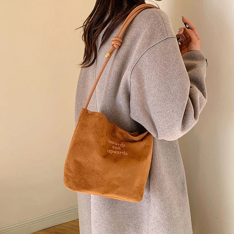 Suede Handbag Casual Rope Buckle Design Multicolor Shoulder Bag Adjustable Straps Tote Crossbody Bucket Bag