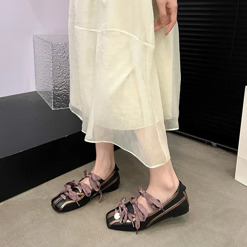 Mary Jane Ballet Flats Round Toe Low Heel Black Purple Lace-up Silver Metal Charm Designer Luxury Shoes Ballerinas Women's Shoes