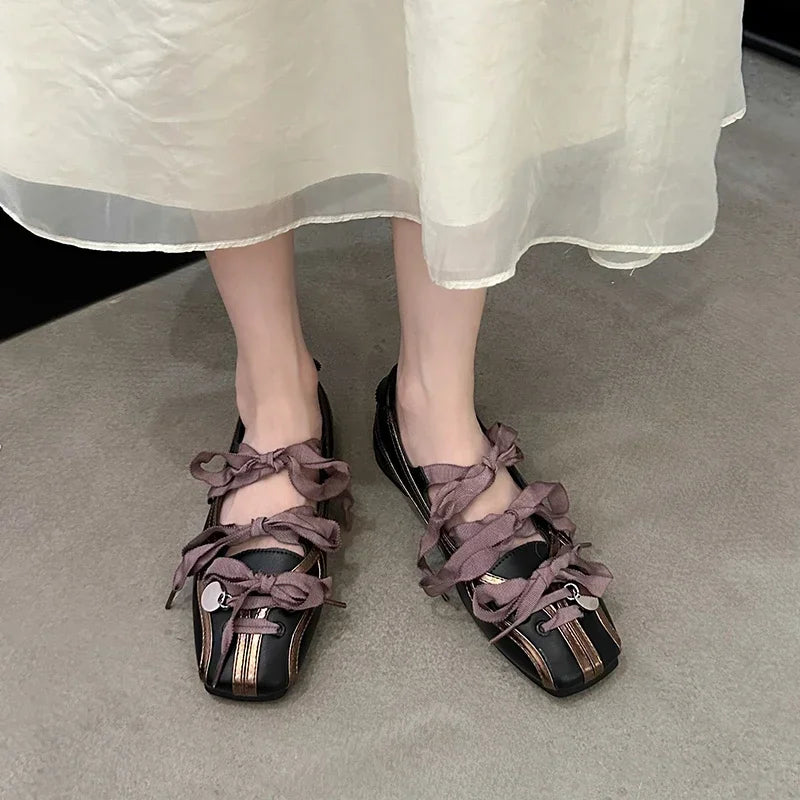 Mary Jane Ballet Flats Round Toe Low Heel Black Purple Lace-up Silver Metal Charm Designer Luxury Shoes Ballerinas Women's Shoes