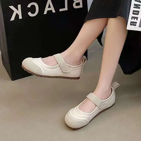 2025 New Women's Mary Jane Flats - Adjustable Strap Slip-On in beige, highlighting comfort and style for casual wear.