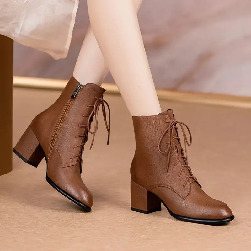 Leather Booties Brown Elegant With Medium Heels Female Short Shoes New Rock Spring 2025 Designer Luxury Sale Women's Ankle Boots