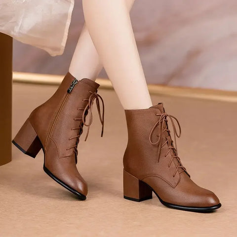Leather Booties Brown Elegant With Medium Heels Female Short Shoes New Rock Spring 2025 Designer Luxury Sale Women's Ankle Boots
