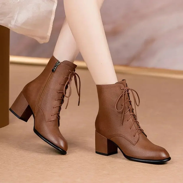 Leather Booties Brown Elegant With Medium Heels Female Short Shoes New Rock Spring 2025 Designer Luxury Sale Women's Ankle Boots