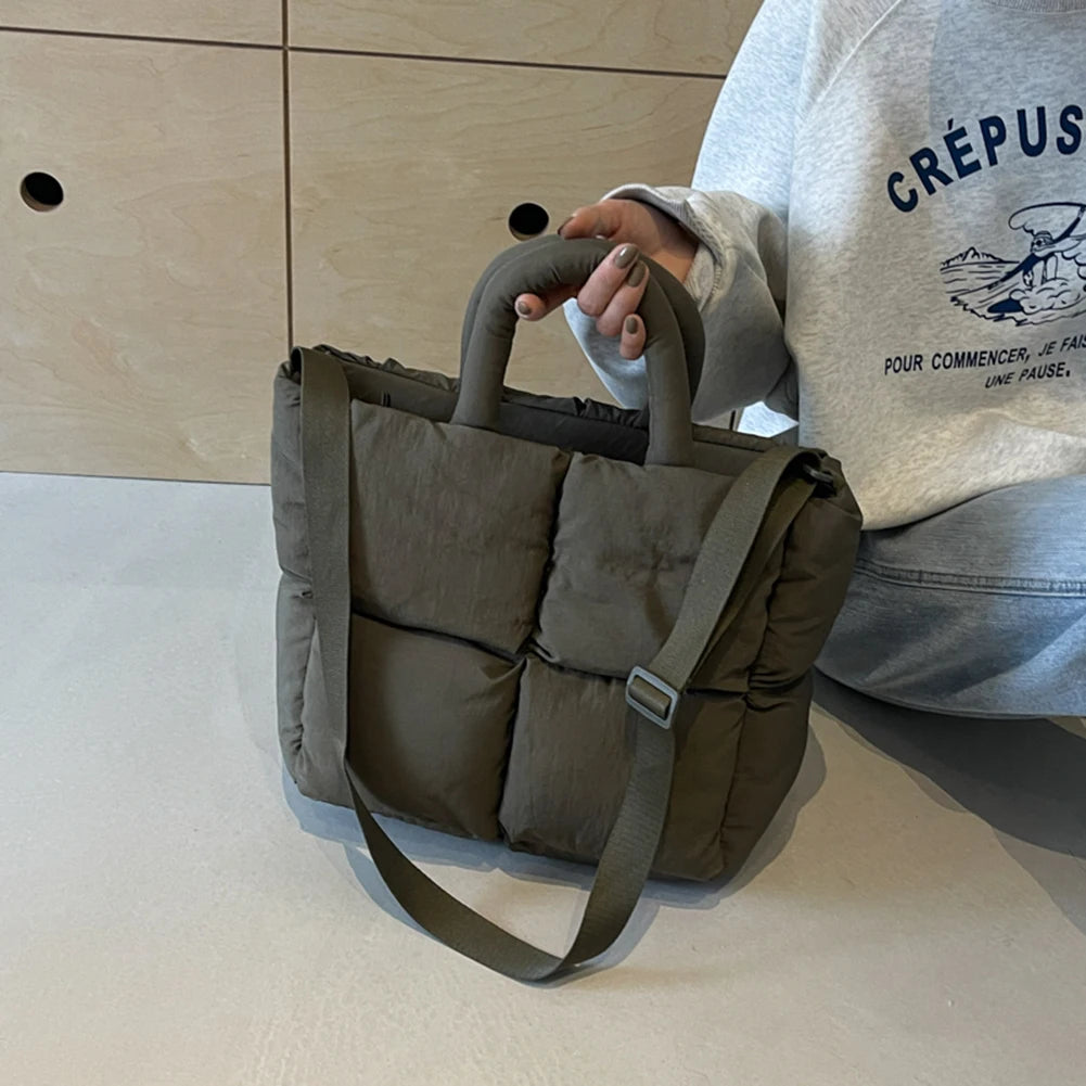 Women Puffer Satchel Bags Large Capacity Simple Shopping Bag Solid Color Fashion Messenger Bags Adjustable Strap Chic Hobo Bag