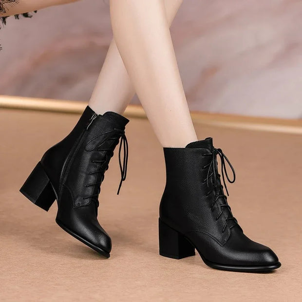 Leather Booties Brown Elegant With Medium Heels Female Short Shoes New Rock Spring 2025 Designer Luxury Sale Women's Ankle Boots