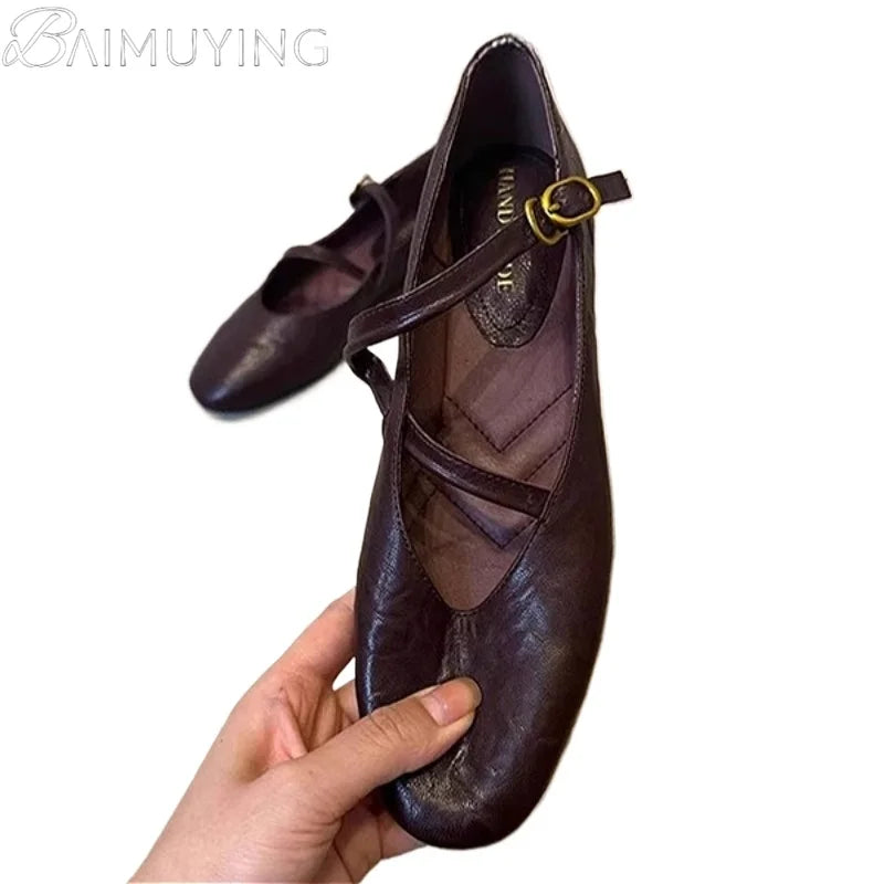 Flats Mary Jane Shoes Women Retro Sole Leather Ballet 2025 Spring Trend Dress Elegant Shoes Casual Shallow Comfort Zapatos Mujer