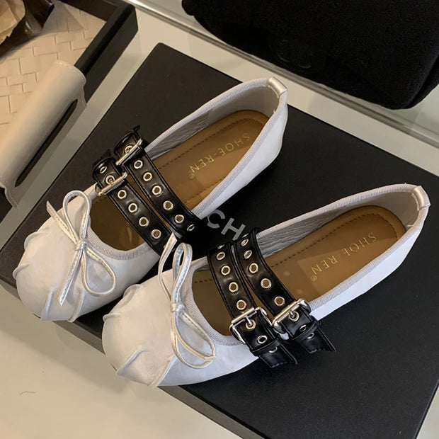 Lolita Dance Shoes For Women Ballet Flats Footwear Designer Female Butterfly-Knot Buckle Fashion Silk Ladies Round Toe Shoes