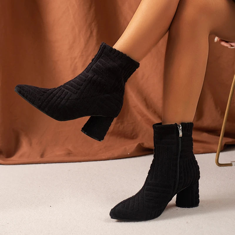 Women's Boots Autumn Ladies Ankle Boots Green Pointed Toe Roman Boots Denim Sexy Square Heel Side Zipper Boots