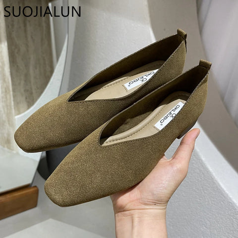 SUOJIALUN 2025 Spring New Brand Women Flat Shoes Round Toe Shallow Slip On Ladies Casual Ballet Shoes Soft Leather Eelgant Balle