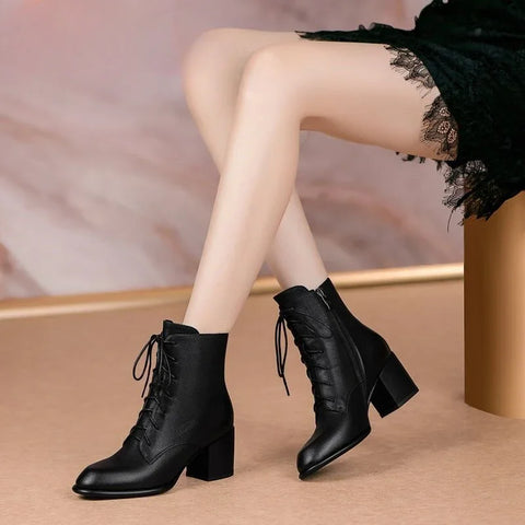 Leather Booties Brown Elegant With Medium Heels Female Short Shoes New Rock Spring 2025 Designer Luxury Sale Women's Ankle Boots