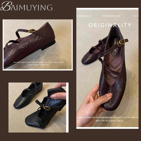 Flats Mary Jane Shoes women retro leather ballet shoes in brown with stylish buckle for Spring 2025.