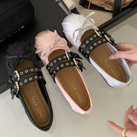 Lolita Dance Shoes For Women Ballet Flats Footwear Designer Female Butterfly-Knot Buckle Fashion Silk Ladies Round Toe Shoes