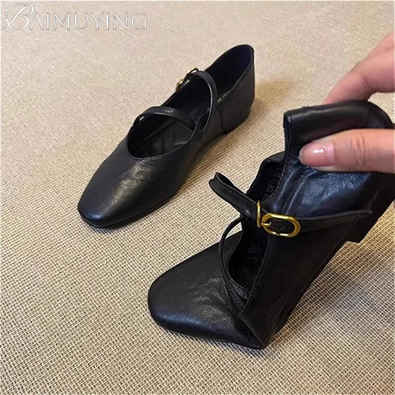 Flats Mary Jane Shoes Women Retro Sole Leather Ballet 2025 Spring Trend Dress Elegant Shoes Casual Shallow Comfort Zapatos Mujer