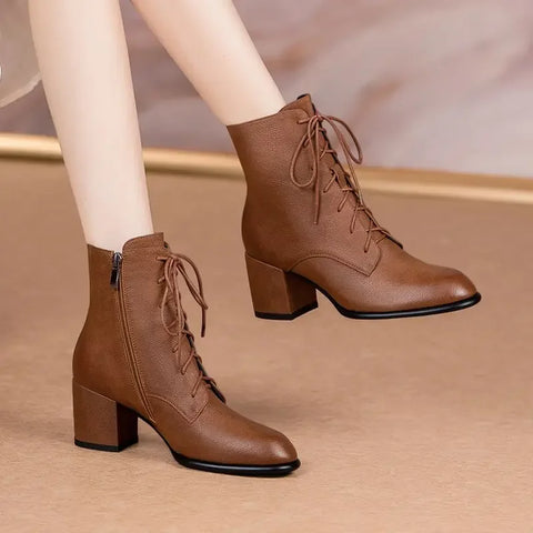 Leather Booties Brown Elegant With Medium Heels Female Short Shoes New Rock Spring 2025 Designer Luxury Sale Women's Ankle Boots