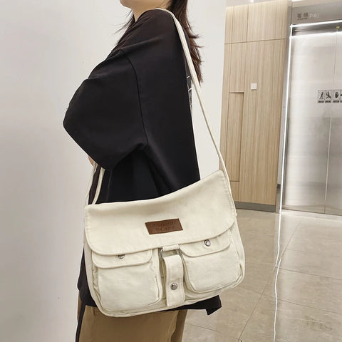 Women's School Messenger Bags For Women Shoulder Ladies Designer Handbag Solid Large Capacity Casual Canvas Shoulder Female Bags