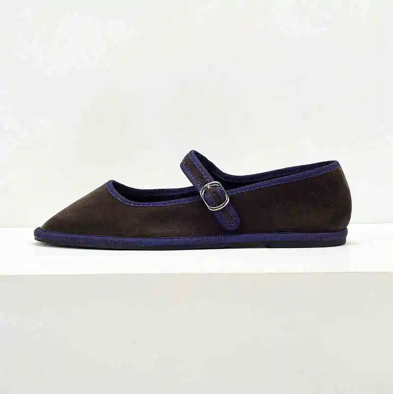 Flats Mary Jane Shoes Women 2024 Trend Velvet Casual Streetwear Ladies Shoes Canvas Buckle Strap Pointed Toe Loafers Elegant