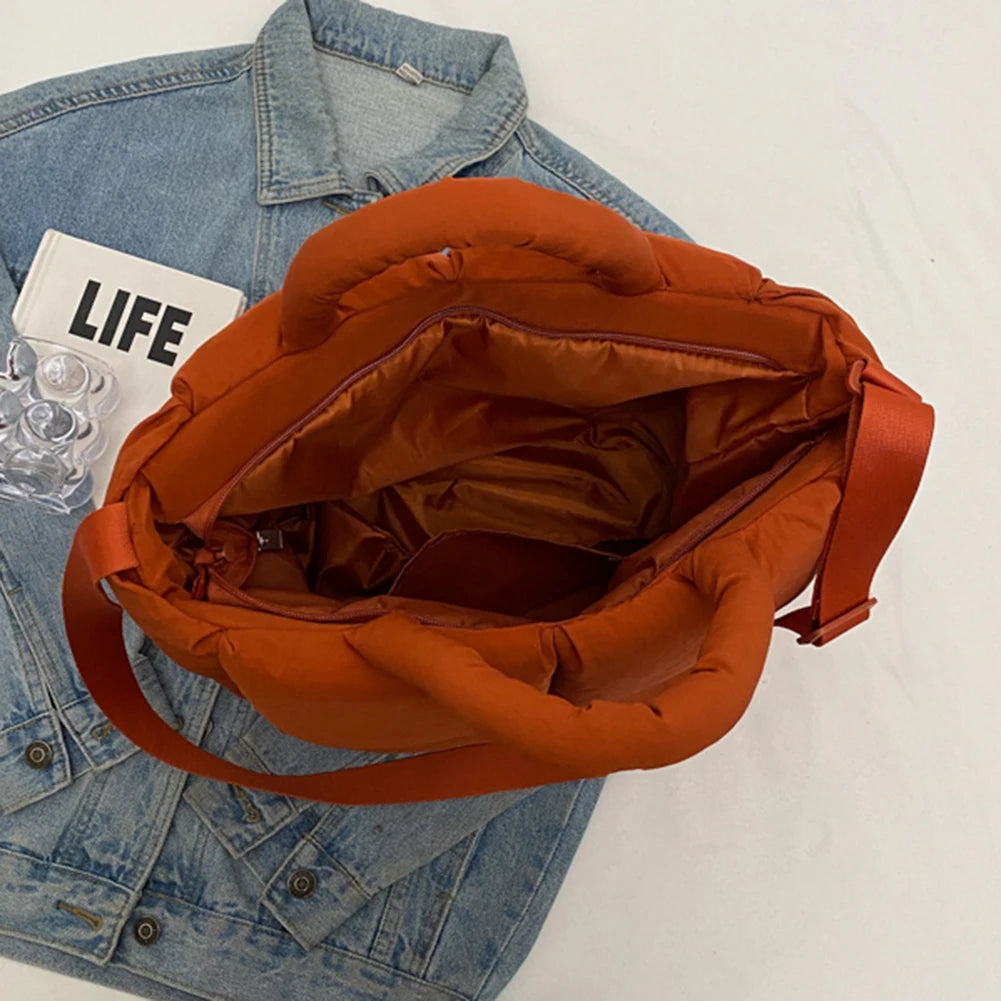 Women Puffer Satchel Bags Large Capacity Simple Shopping Bag Solid Color Fashion Messenger Bags Adjustable Strap Chic Hobo Bag