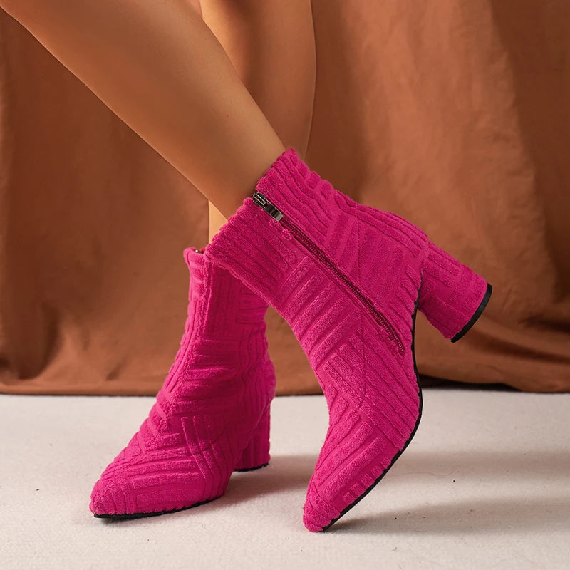 Women's Boots Autumn Ladies Ankle Boots Green Pointed Toe Roman Boots Denim Sexy Square Heel Side Zipper Boots